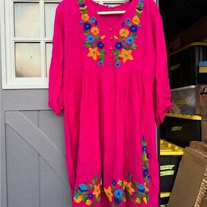 Bright Pink Embroidered Floral Boho Dress